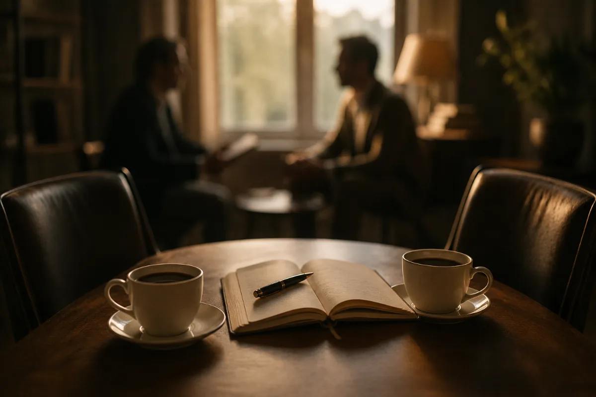Dos tazas de café y un cuaderno abierto entre dos personas conversando