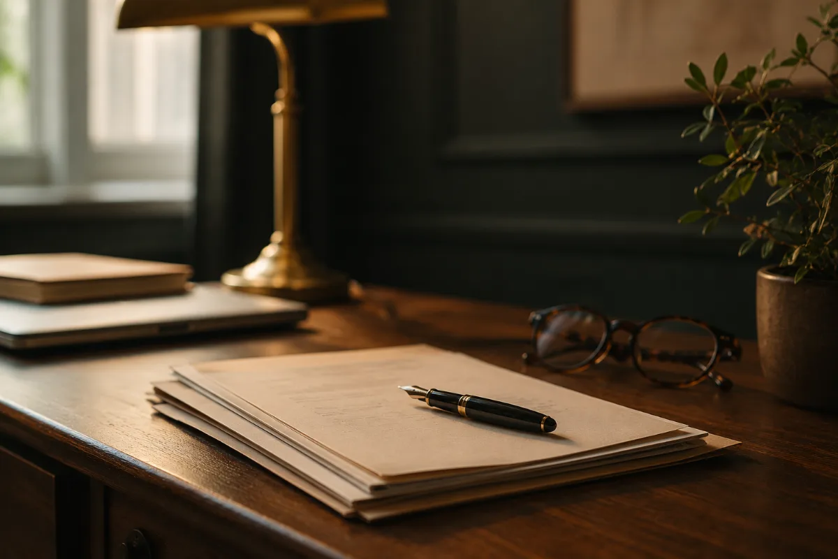 Escritorio con pluma sobre documentos