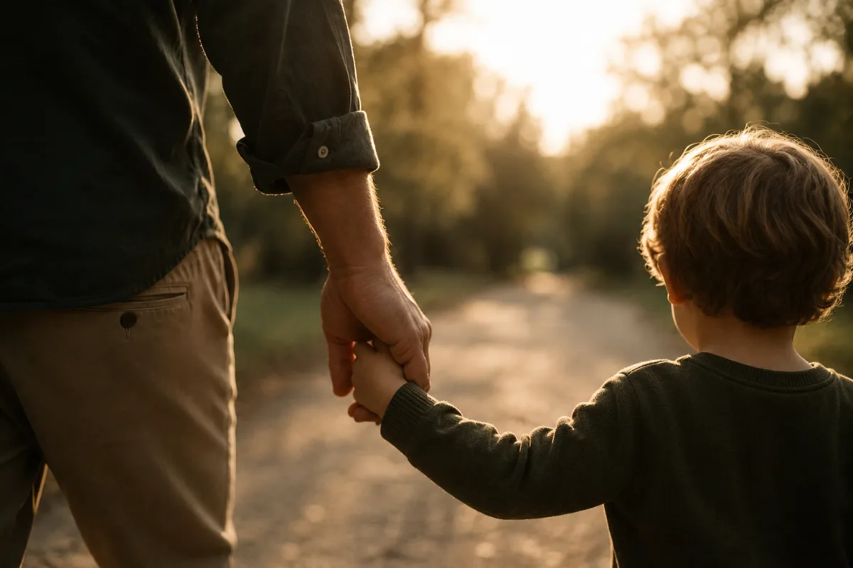 Padre e hijo caminando de la mano