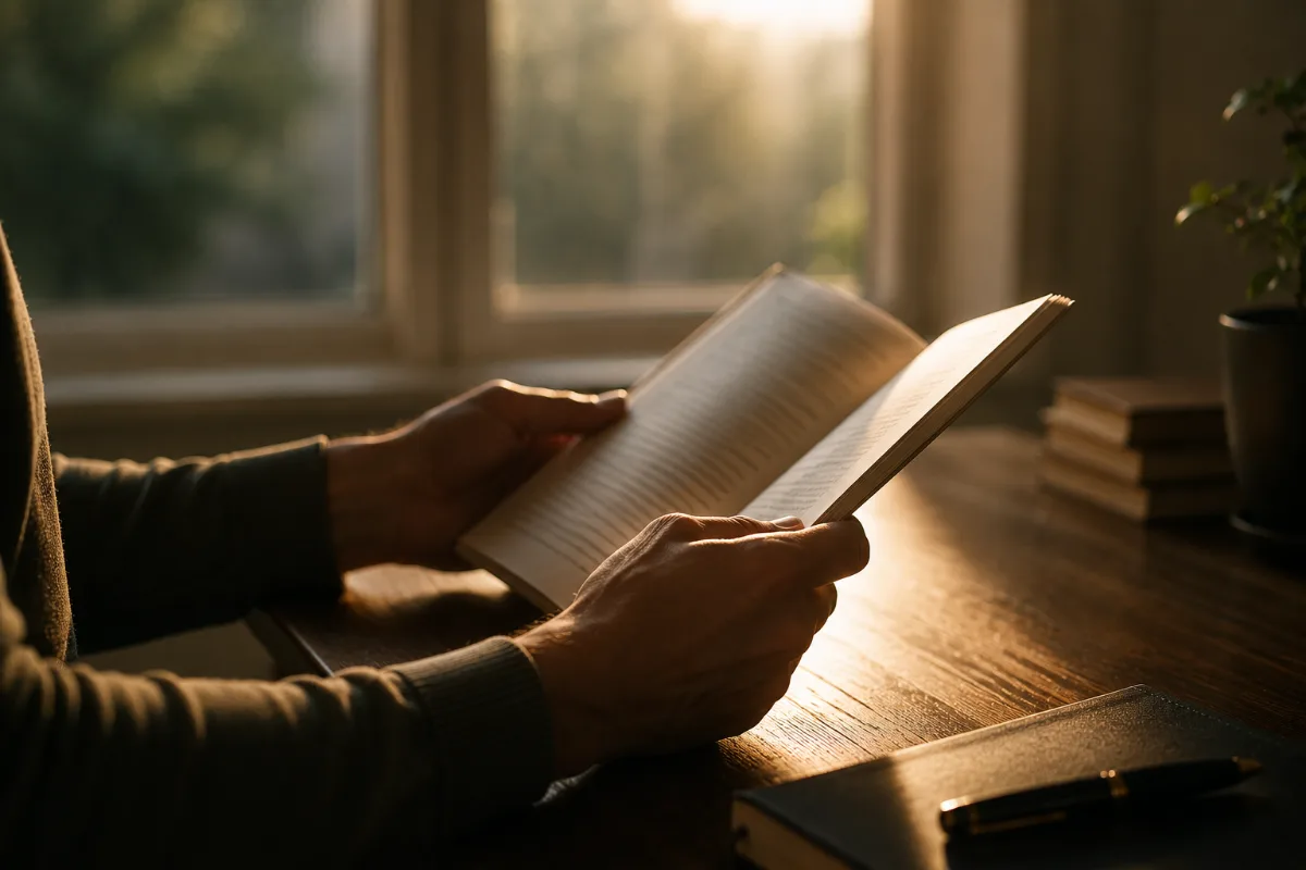 Manos sosteniendo un libro abierto junto a una ventana iluminada