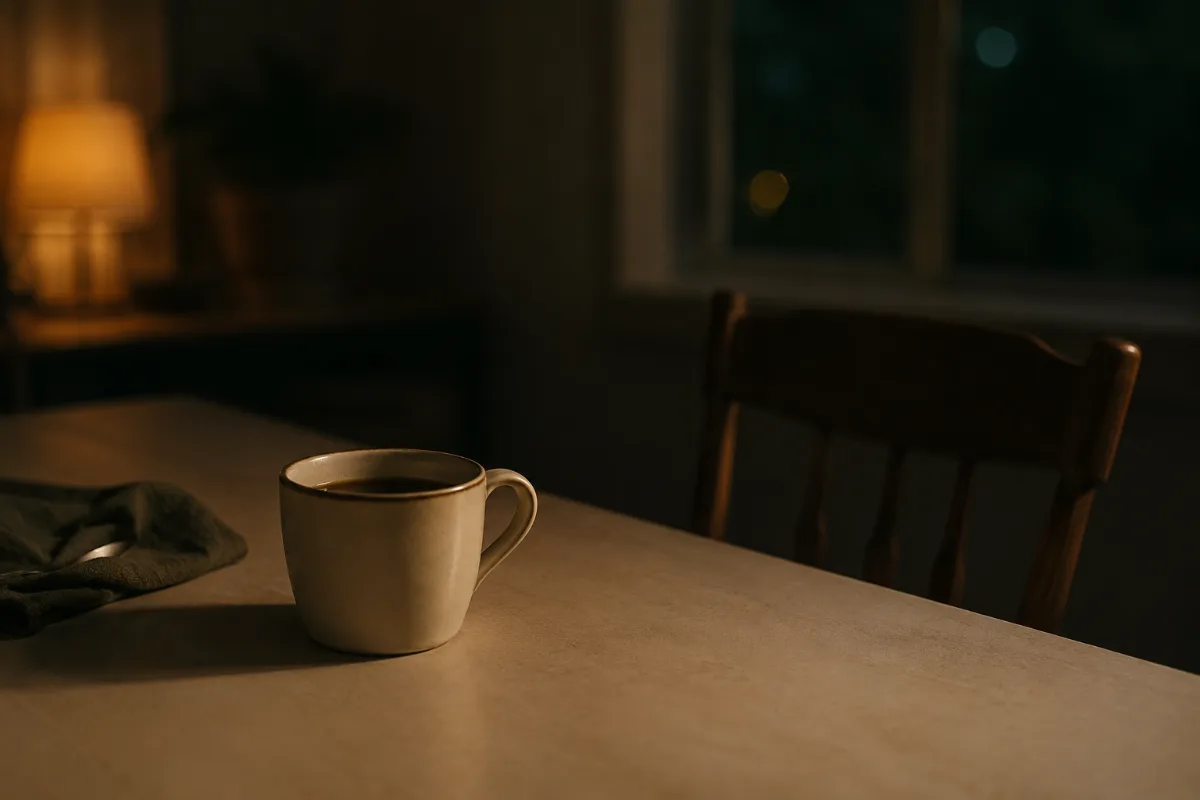 Taza de café ya frío sobre la mesa por la noche